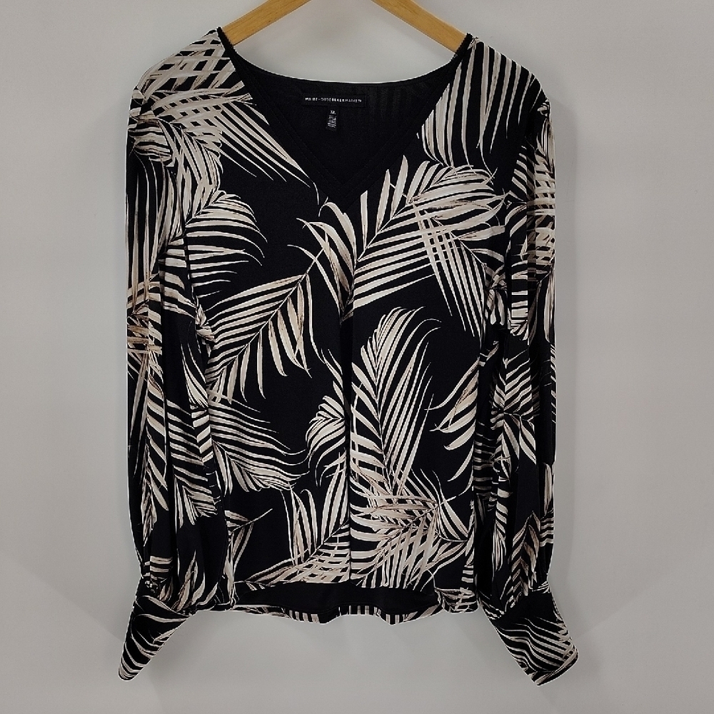 White House Black Market WHBM Blouse Size XL Black Cream Leaf Print Long Sleeve